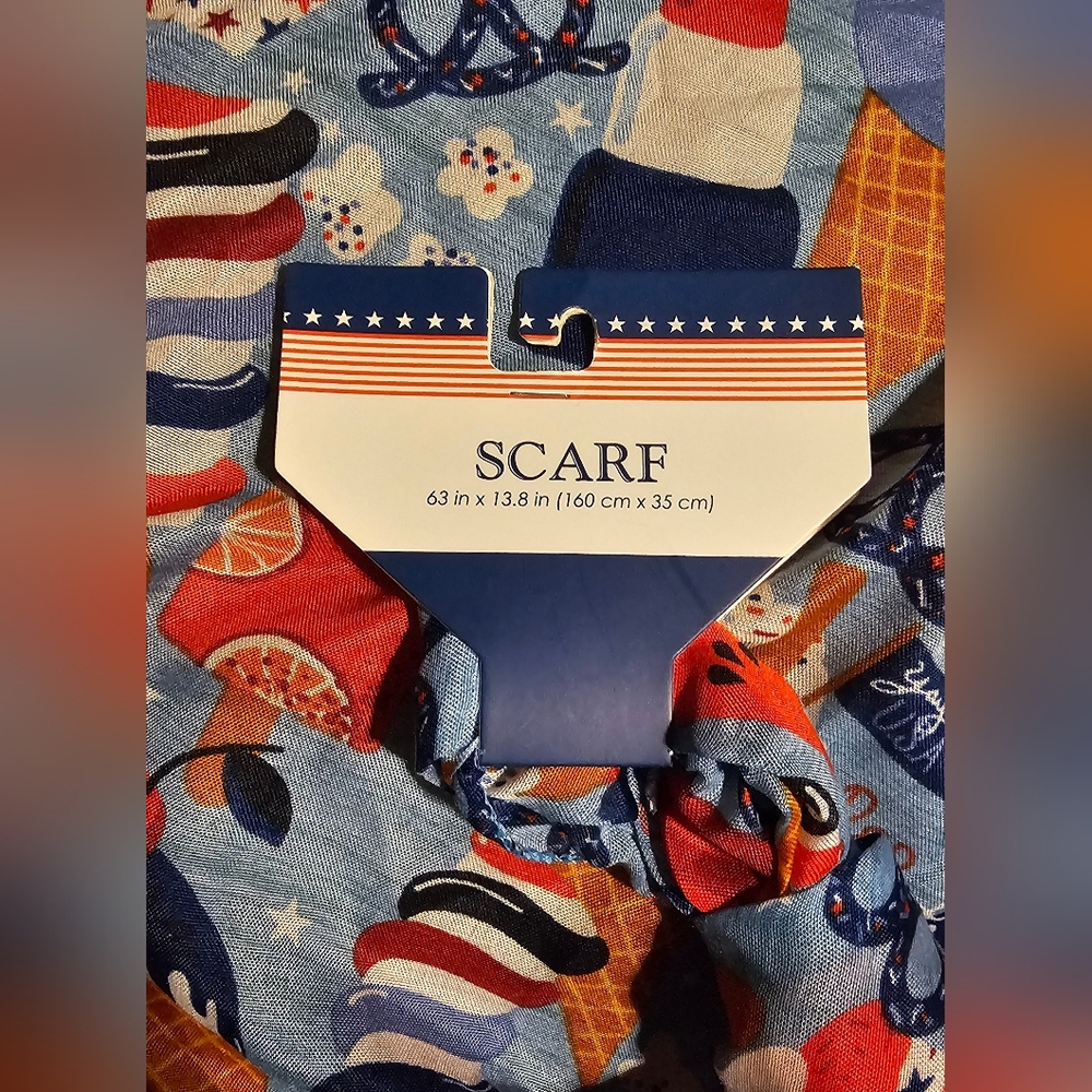 Patriotic Red White & Blue Colorful Lightweight Patterned Scarf New With Tags - Picture 6 of 7